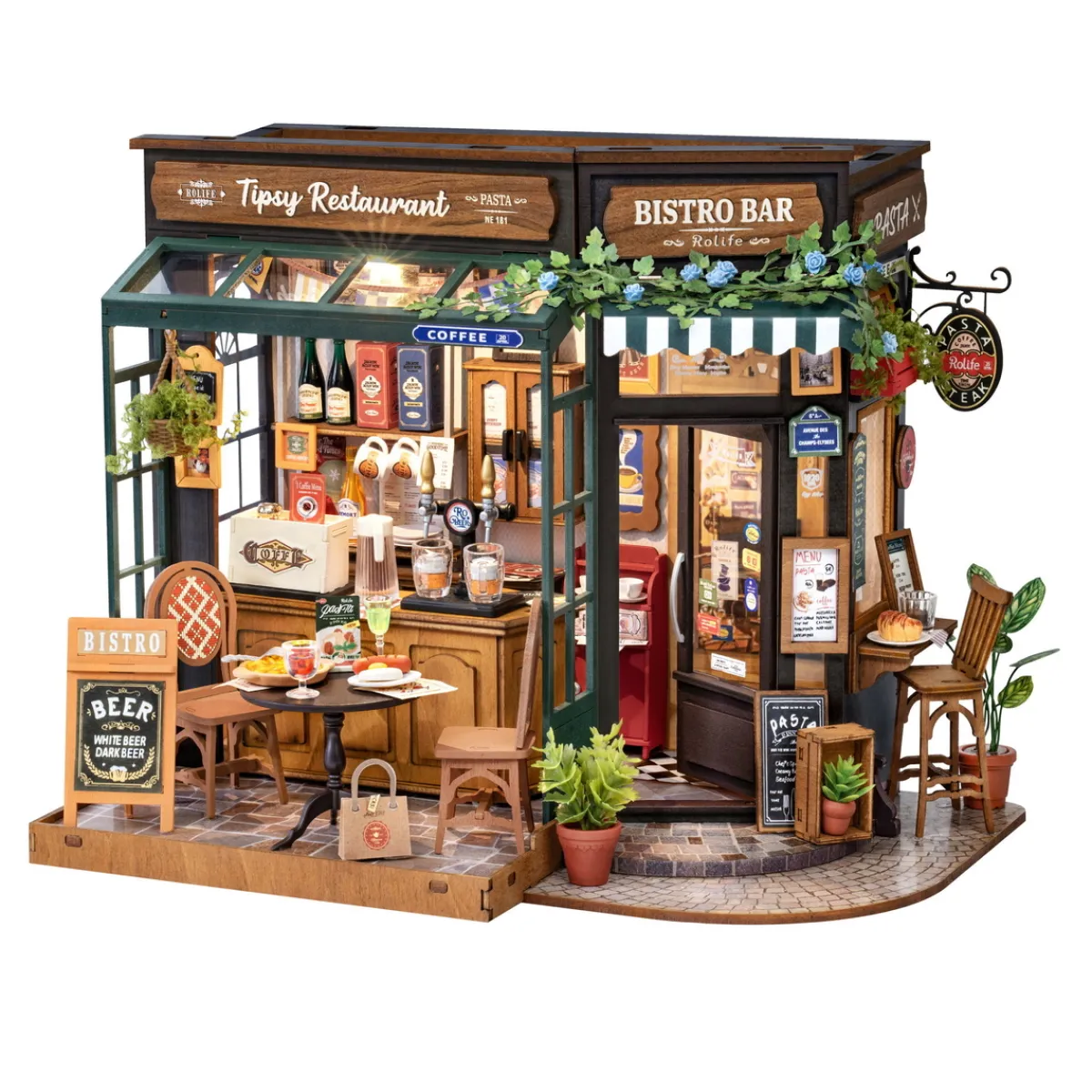 Robotime Rolife DIY Tipsy Restaurant miniatyr diorama – DG167, 230×180×182 mm | Grundsatser
