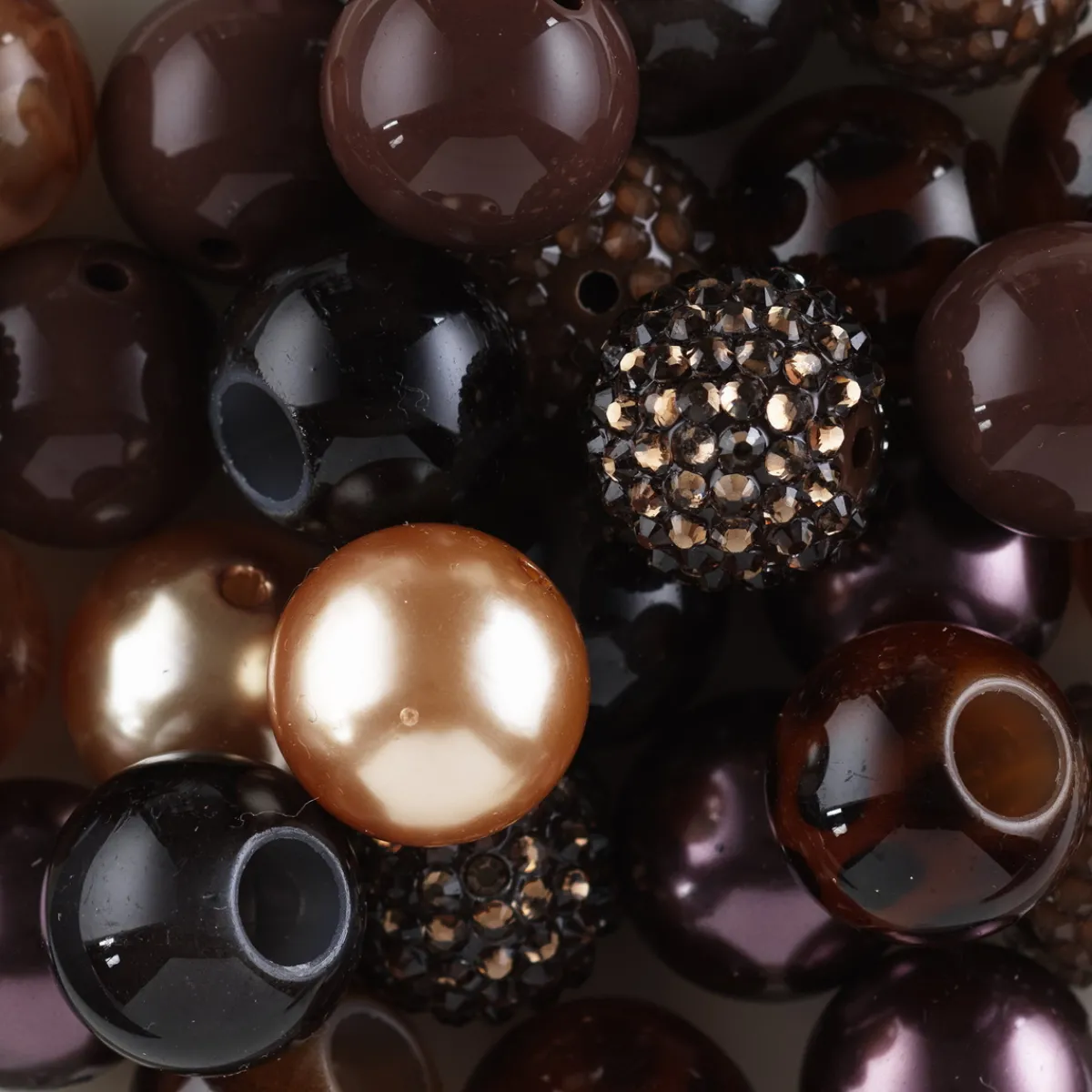 Panduro Jewellery Runda akrylpärlor, stora bruna, mörka, guldiga och strassprydda pärlor, Ø20 mm