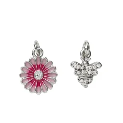 Panduro Jewellery 2 silverfärgade hängen charms blomma rosa blad & strass Ø13 mm, bi med strass 11×8 mm | Metallhängen