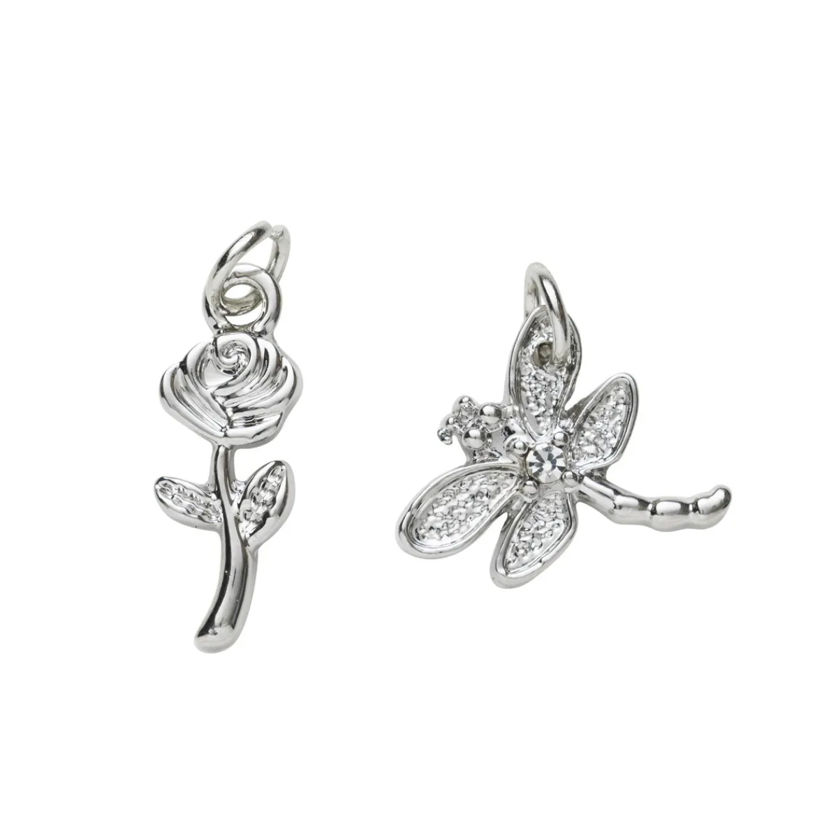 Panduro Jewellery 2 silverfärgade hängen charms trollslända 13,8×14,5 mm, ros 7×18,6 mm | Metallhängen
