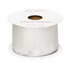 Panduro Hobby Silvrigt satinband med stålkant – 38 mm brett och 5 meter långt | Glitter- & Ståltrådsband
