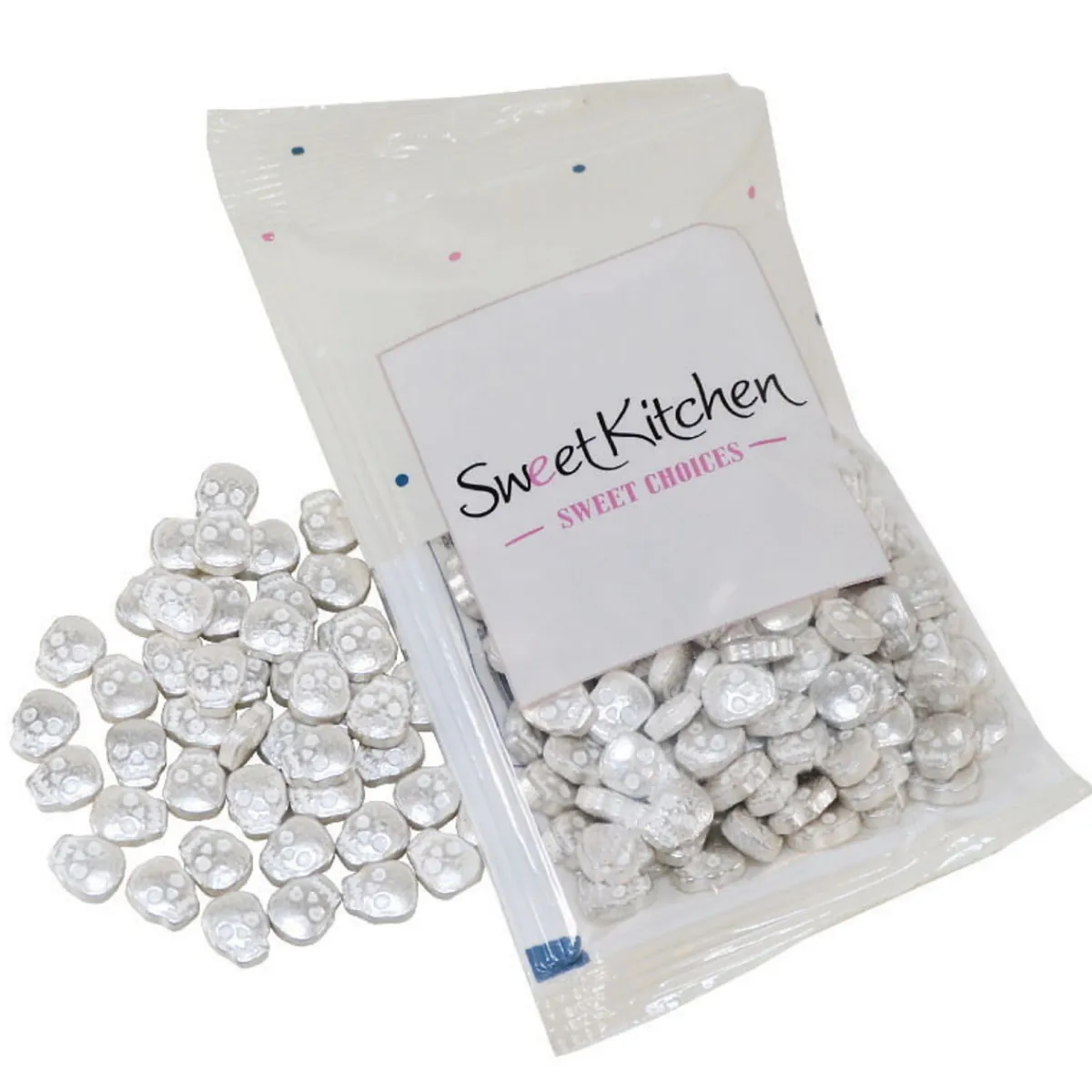 Sweet Kitchen Silvrigt strössel i form av dödskallar för att dekorera kakor, tårtor och muffins. 35 gram
