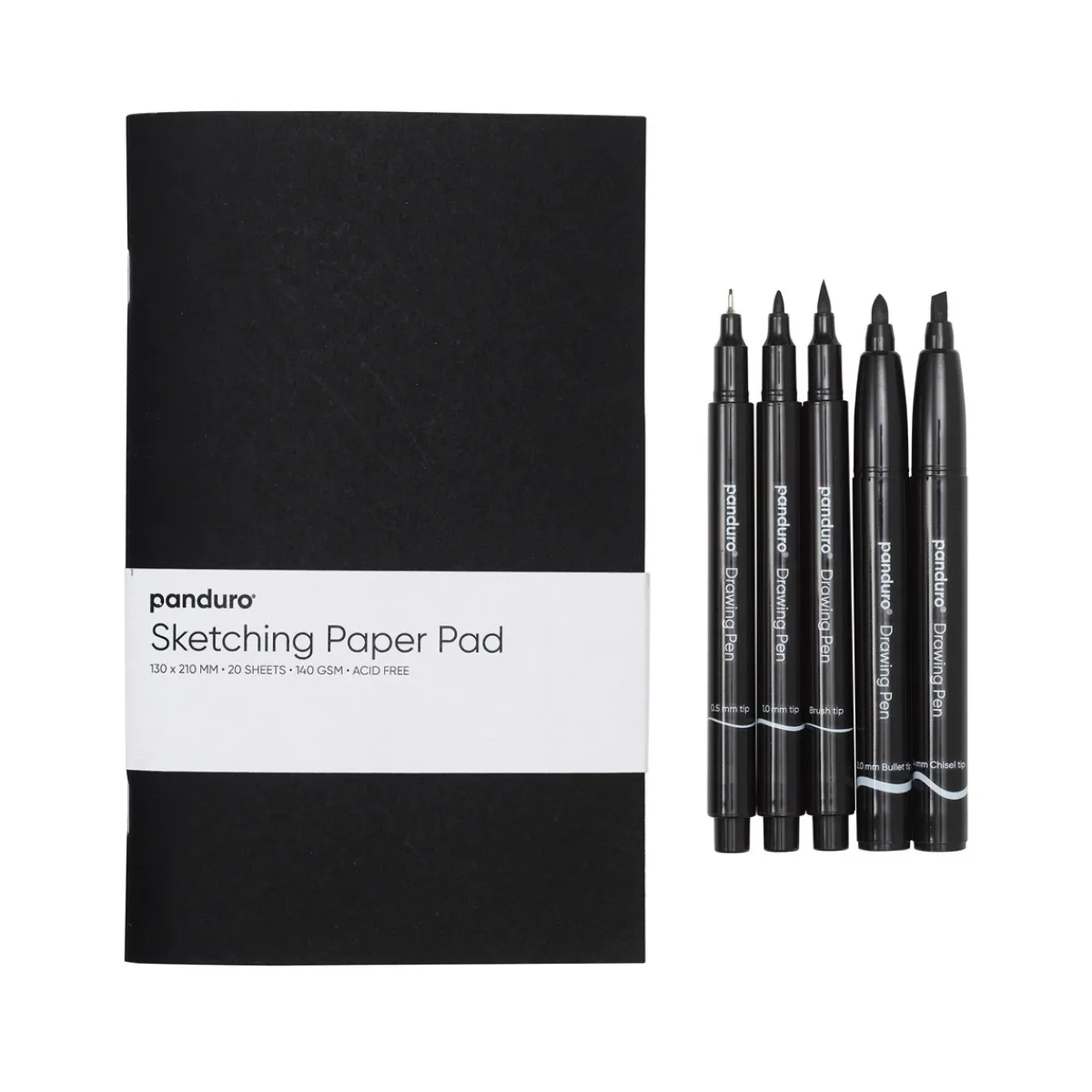 Panduro Hobby Skiss-set med allt för att skissa med tusch – 5 tuschpennor & 13×21 cm skissbok, 20 ark
