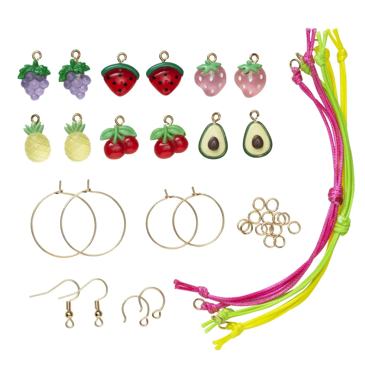 Panduro Jewellery Smyckekit med sött frukt-tema – 3 par örhängen, 3 armband & 12 färgglada charms | Grundsatser & Startkit
