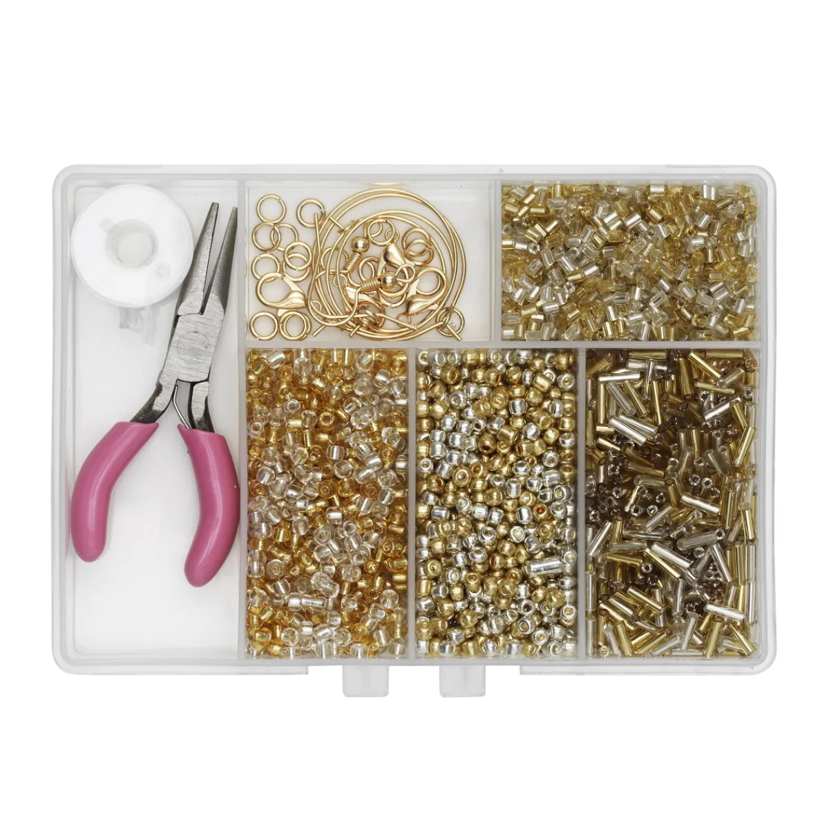 Panduro Jewellery Smyckes-kit med massor av glaspärlor i olika former samt tråd, lås, stommar och nätt tång