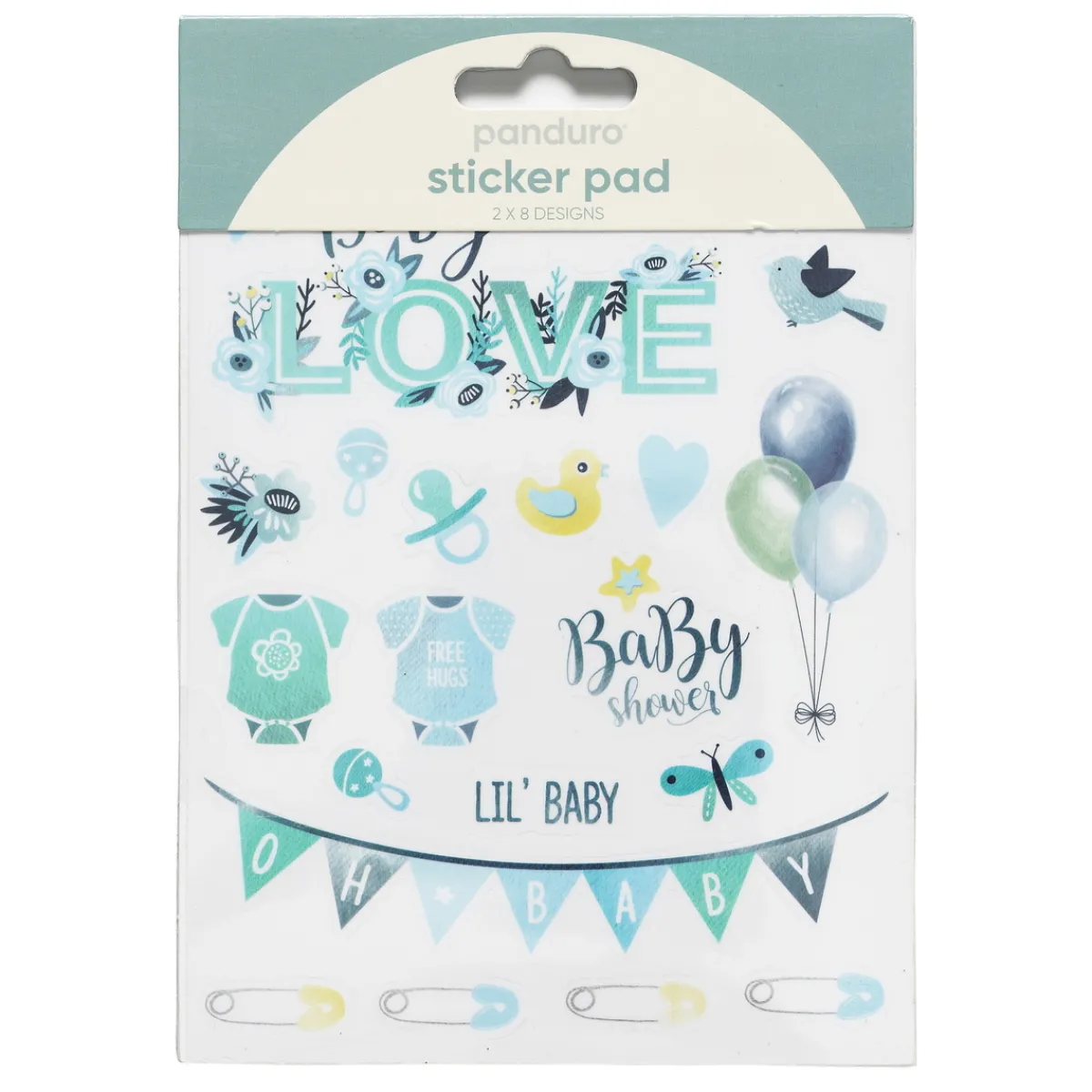Panduro Hobby Stickersblock 16 ark Baby Blue – blått baby-tema. 2×8 designer