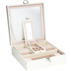 Panduro Jewellery Stort cremefärgat smyckeskrin med spegel och många fack / lådor – 25×25×9 cm | Smyckeskrin