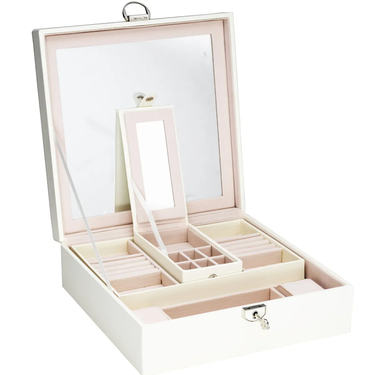 Panduro Jewellery Stort cremefärgat smyckeskrin med spegel och många fack / lådor – 25×25×9 cm | Smyckeskrin