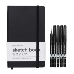 Panduro Hobby 5 svarta fineliners och behändig skissbok à 13×21 cm