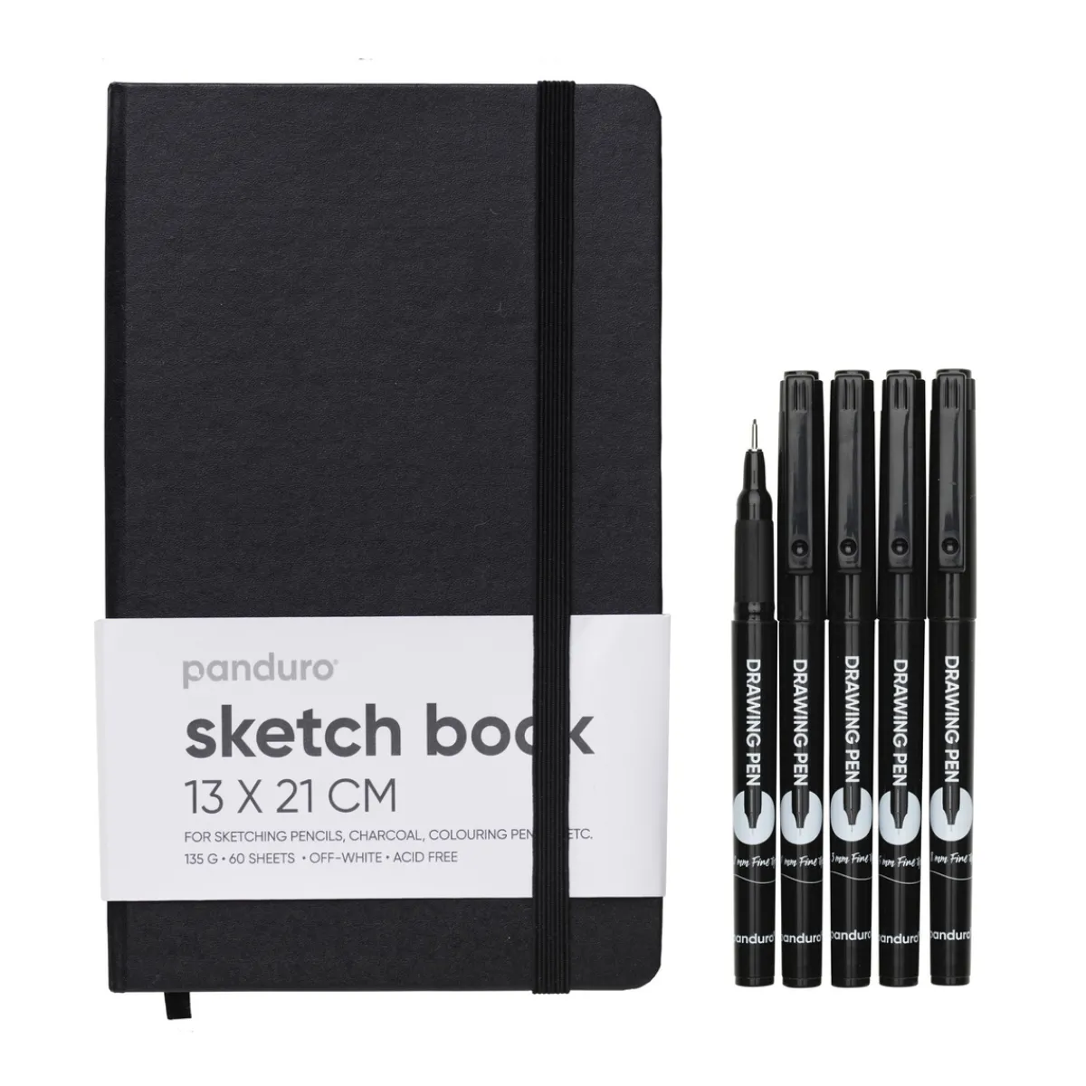 Panduro Hobby 5 svarta fineliners och behändig skissbok à 13×21 cm