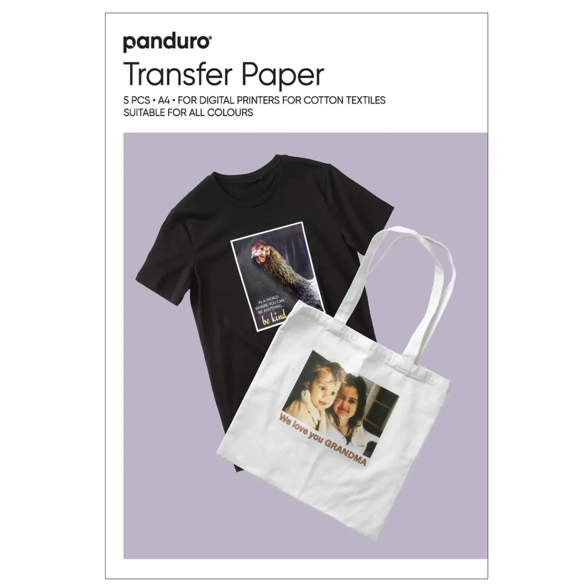 Panduro Hobby Transferpapper 5-pack i A4 för digitala skrivare till ljusa och mörka bomullstyger