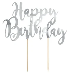 PartyDeco Tårtdekoration, cake topper, Happy Birthday i silverbokstäver 20×13 cm