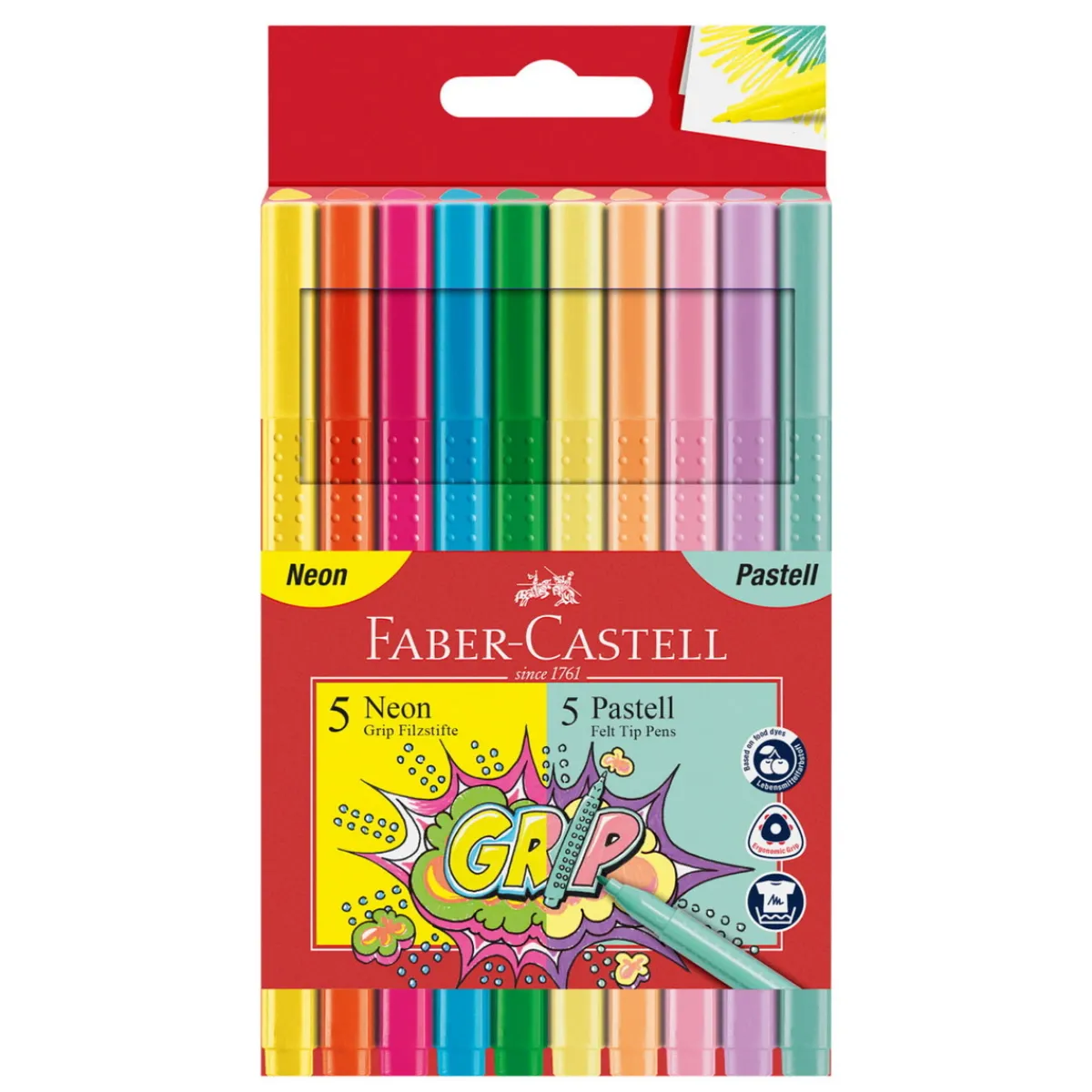 Faber-Castell Tuschpennor Grip Neon/Past 10p | Barn Barnpennor