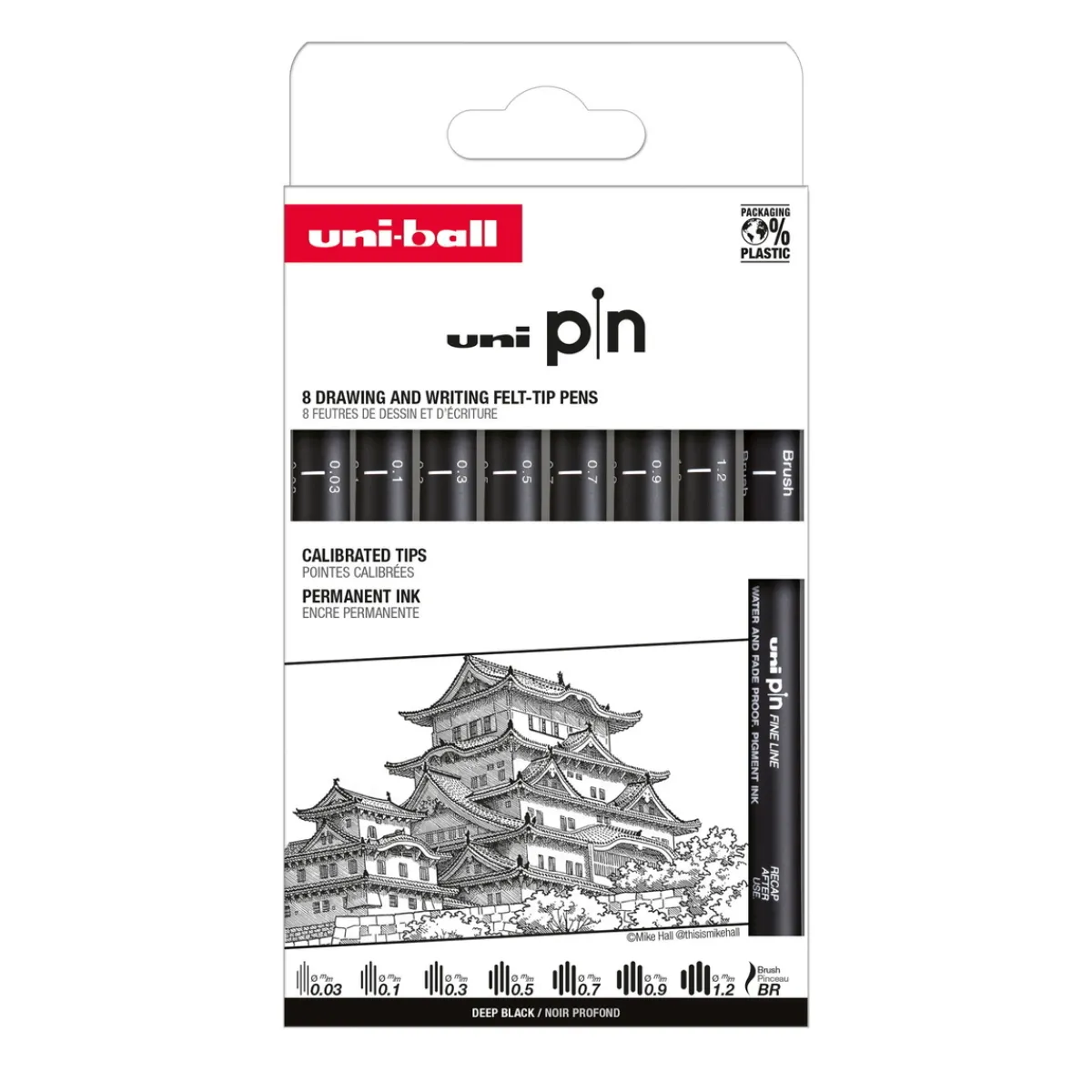 Uni Pin Fineliner 8-pack, Set #1 – 7 fineliners och 1 brush / penselspets | Tuschpennor & Markers