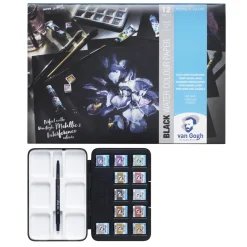 Van Gogh akvarellfärger set – 12 halvkoppar – Noir + A4-block med 12 svarta ark