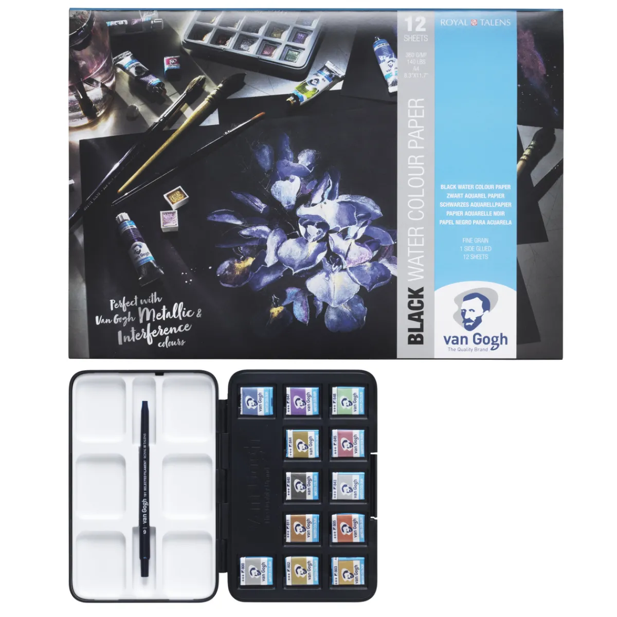 Van Gogh akvarellfärger set – 12 halvkoppar – Noir + A4-block med 12 svarta ark