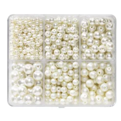 Panduro Jewellery Vaxade crèmefärgade glaspärlor, ca 686 st. glans & matt – 4 storlekar, Ø4–10 mm